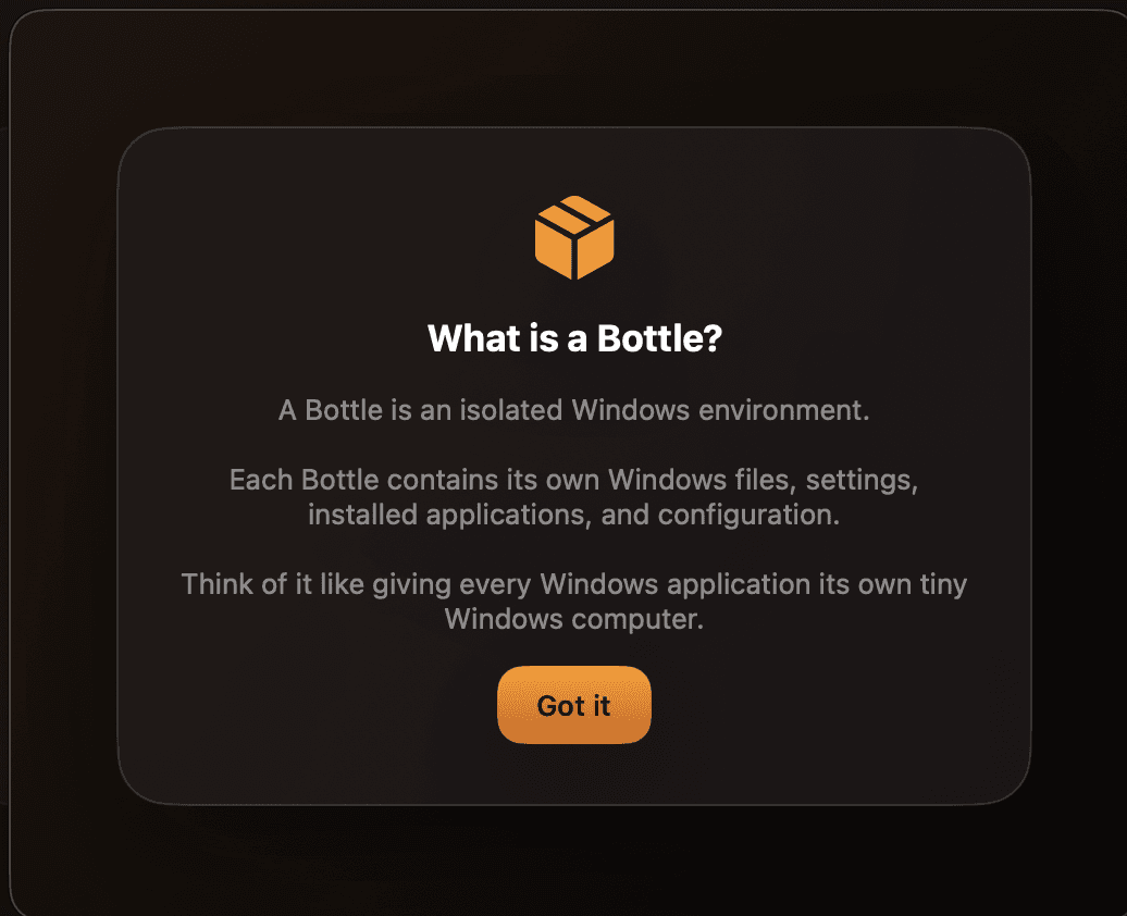 Bourbon bottle explanation dialog describing an isolated Windows environment