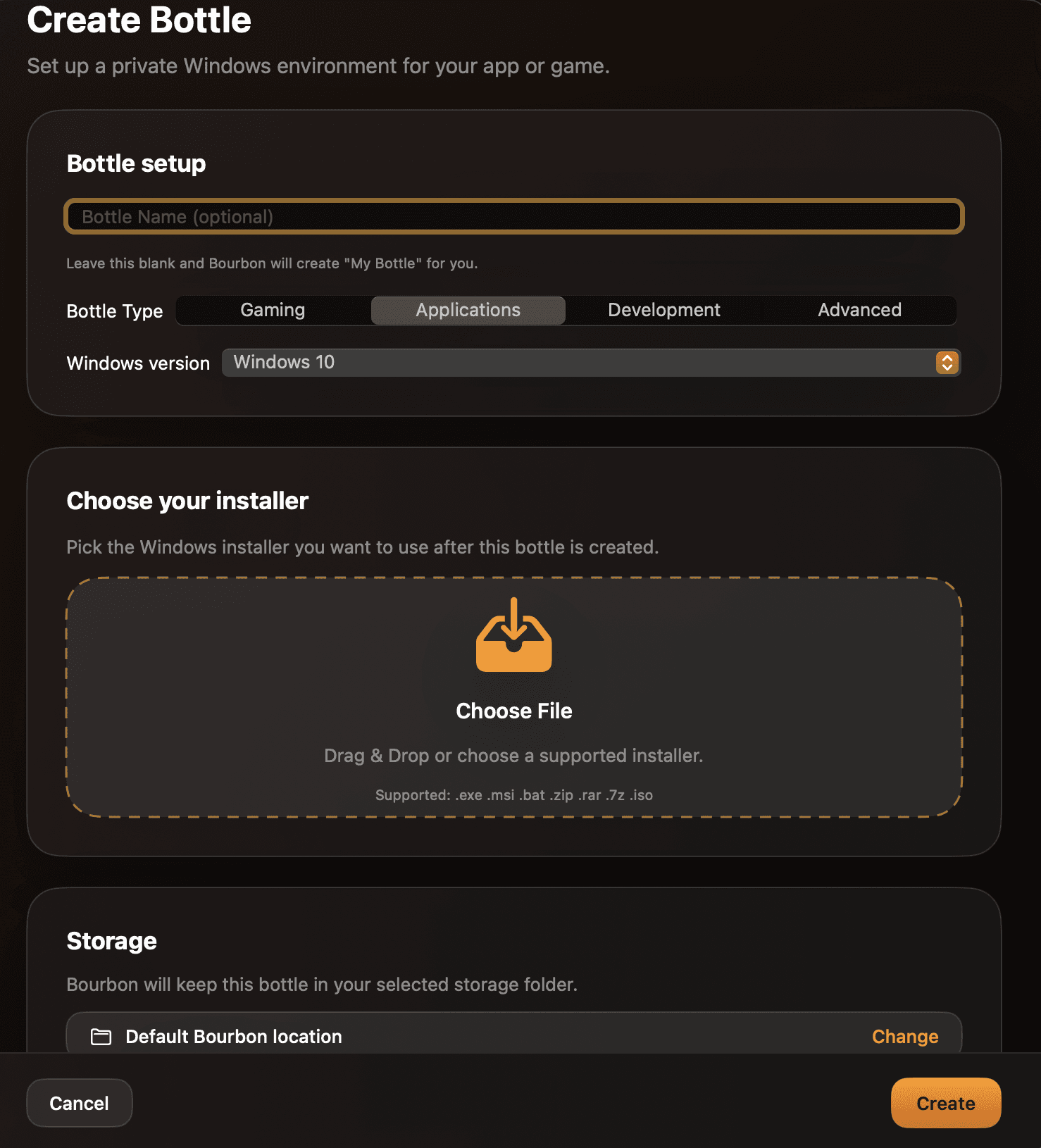 Bourbon create bottle screen with bottle type, Windows version, installer, and storage controls