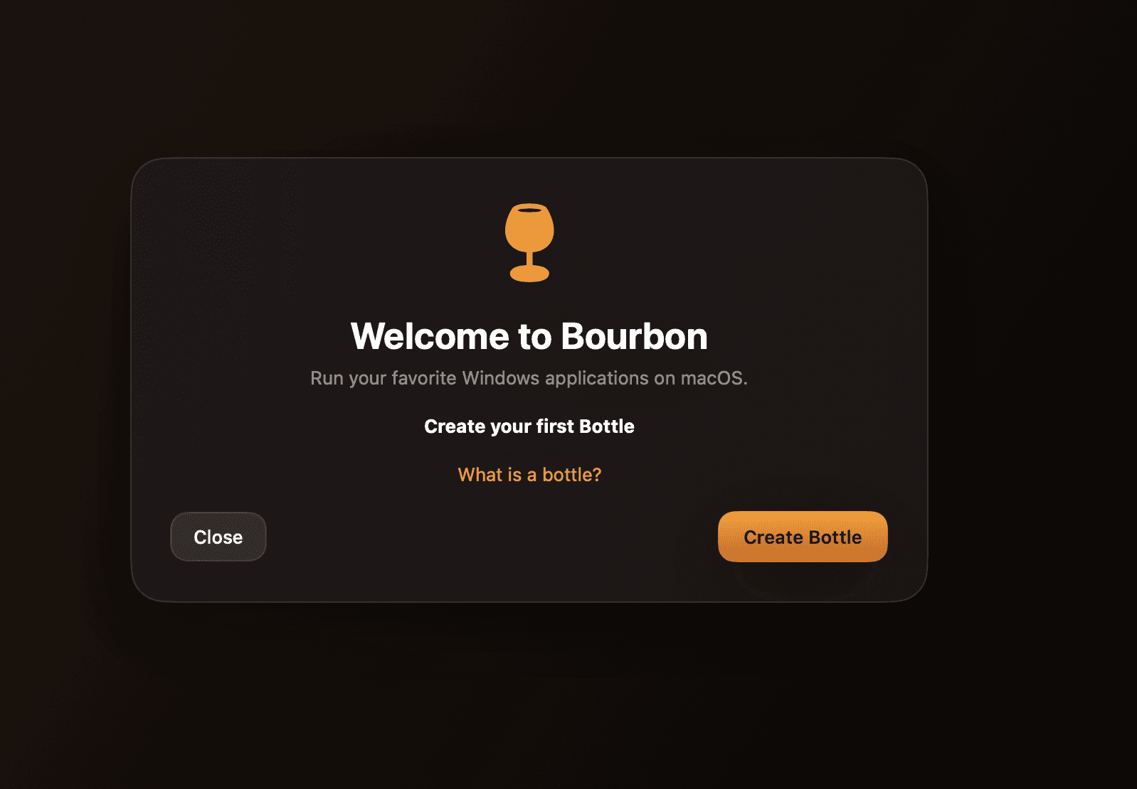 Bourbon welcome screen inviting the user to create a first bottle